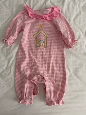 Pink Striped Baby One-Piece with Nativity Applique - Soft Cotton
